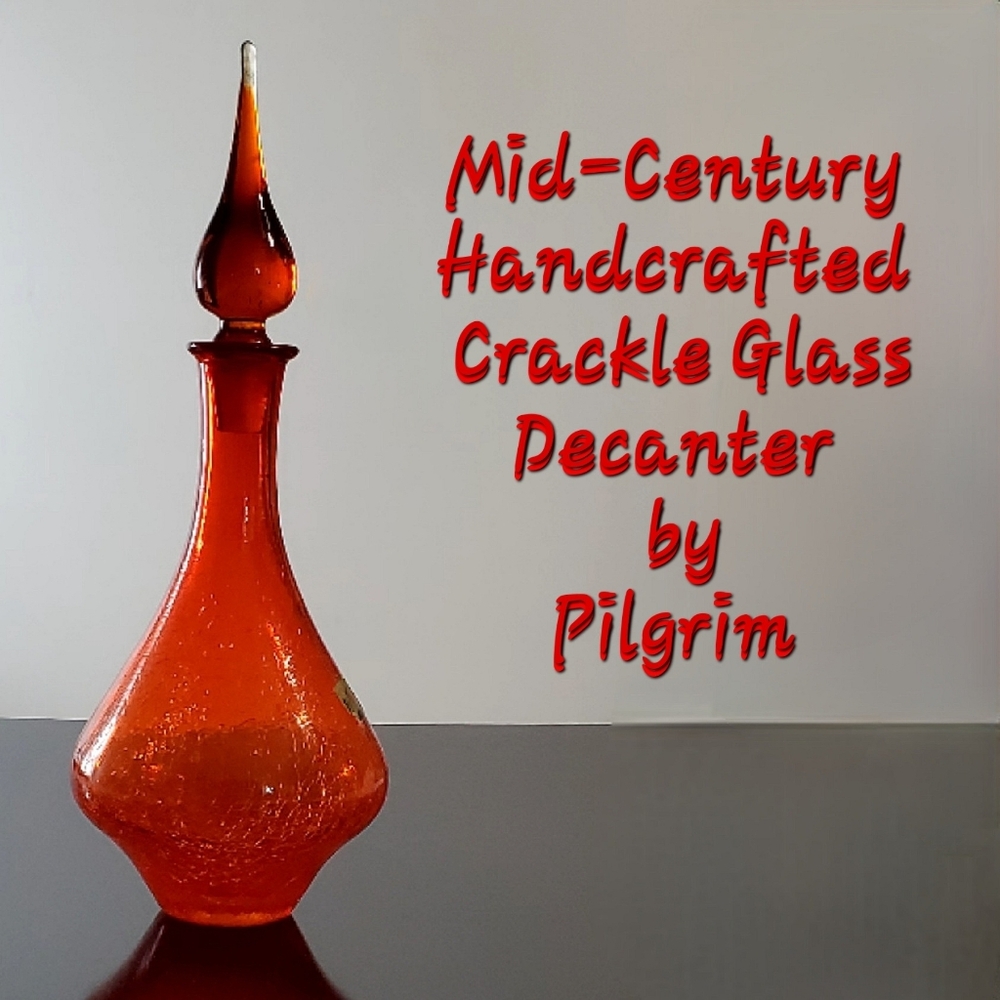 Vntg Tangerine Amberina 14" Crackle Glass Decanter& Flame Stopper by Pilgrim